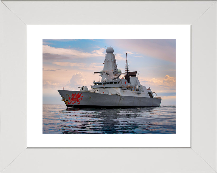 HMS Dragon (D35) Royal Navy Type 45 Destroyer Port Side View At Sunset Photo Print Wall Art Decor Posters, Prints, & Visual Artwork Hampshire Prints 10 x 8 White Frame Yes
