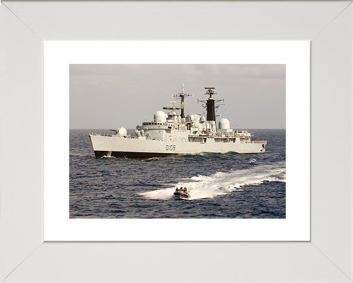 HMS Cardiff (D108) Royal Navy Type 42 Destroyer With RIB Photo Print Wall Art Decor Posters, Prints, & Visual Artwork Hampshire Prints 10 x 8 White Frame No