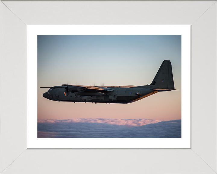RAF C130J Hercules Flying at Sunset 2018 Photo Print - Royal Air Force Aircraft Posters, Prints, & Visual Artwork Hampshire Prints 10 x 8 White Frame Yes