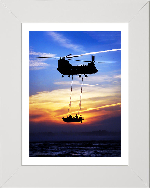 Royal Marines Commandos on a Rib Hoisted By a Chinook Helicopter Photo Print Hampshire Prints 10 x 8 White Frame Yes