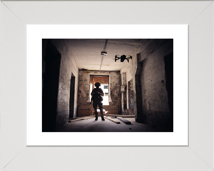 British Army Soldier Operating a Parrot Drone Urban Warfare Training Photo Print Military Decor Posters, Prints, & Visual Artwork Hampshire Prints 10 x 8 White Frame Yes
