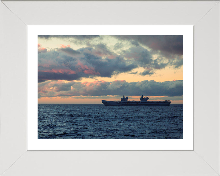 HMS Prince of Wales (R09) Photo Print - At sunset - Royal Navy Queen Elizabeth Class Aircraft Carrier Hampshire Prints 10 x 8 White Frame Yes