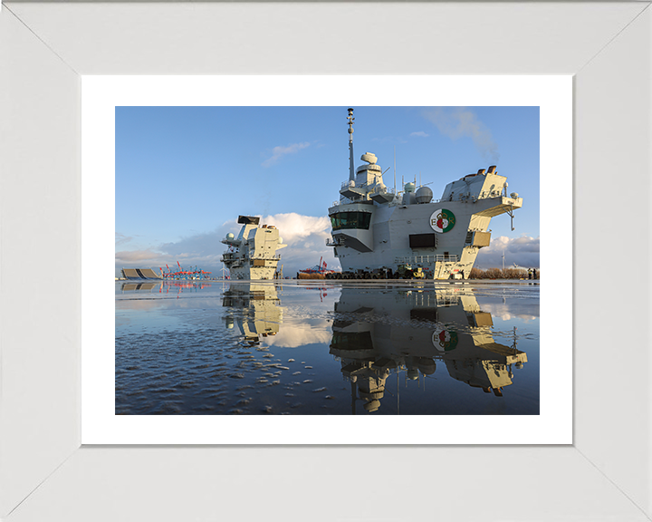 HMS Queen Elizabeth (R08) Photo Print - Flight Deck Reflections - Royal Navy Queen Elizabeth Class Aircraft Carrier Hampshire Prints 10 x 8 White Frame Yes