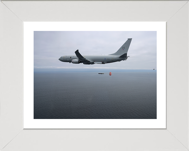 RAF Poseidon (P-8A) releasing a torpedo Photo Print - Royal Air Force Aircraft Hampshire Prints 10 x 8 White Frame Yes