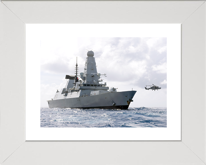 HMS Dauntless (D33) Royal Navy Type 45 Destroyer At Sea With Lynx Photo Print Wall Art Decor Posters, Prints, & Visual Artwork Hampshire Prints 10 x 8 White Frame Yes