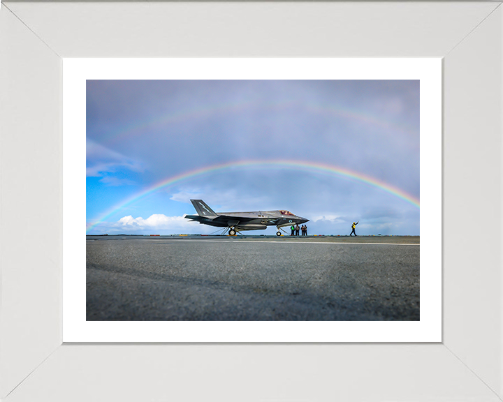 RAF F-35B Lightning with rainbow Photo Print - Royal Air Force Aircraft Hampshire Prints 10 x 8 White Frame Yes