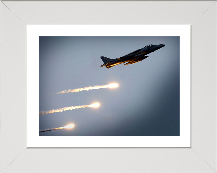 Harrier GR7 Firing Decoy Flares Photo Print - Royal Navy Aircraft Posters, Prints, & Visual Artwork Hampshire Prints 10 x 8 White Frame Yes