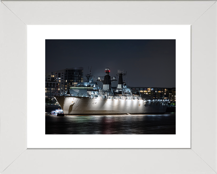 HMS Albion (L14) Royal Navy Albion Class Amphibious Ship In Harbour At Night Photo Print Wall Art Naval Decor Posters, Prints, & Visual Artwork Hampshire Prints 10 x 8 White Frame Yes