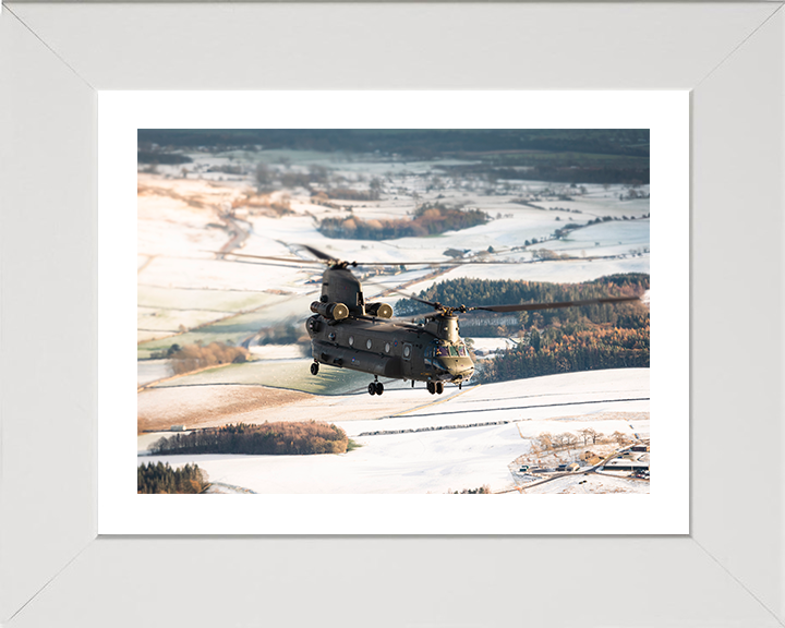 RAF Chinook Helicopter Flies Over Winter Countryside 2025 Photo Print - Royal Air Force Aircraft Posters, Prints, & Visual Artwork Hampshire Prints 10 x 8 White Frame Yes