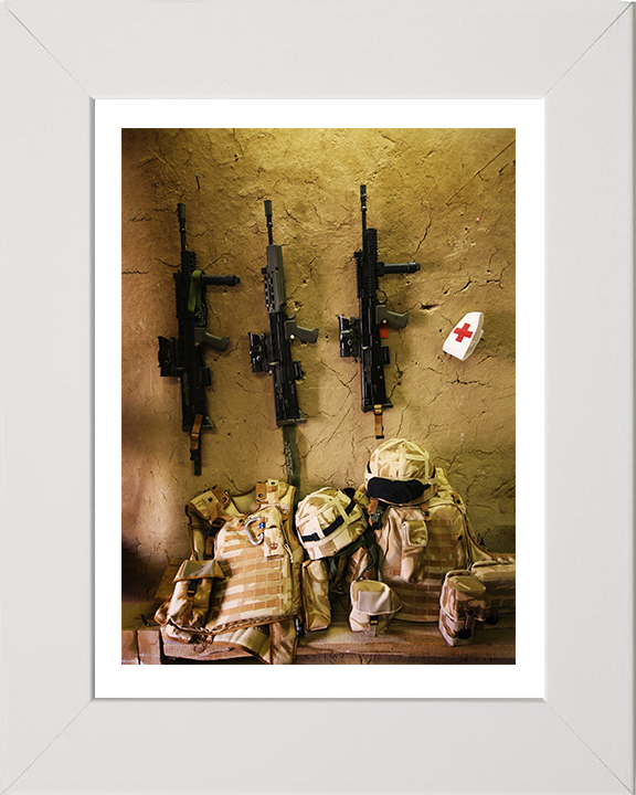 Royal Marines SA80s and kit on a wall in Afghanistan Photo Print Hampshire Prints 10 x 8 White Frame Yes