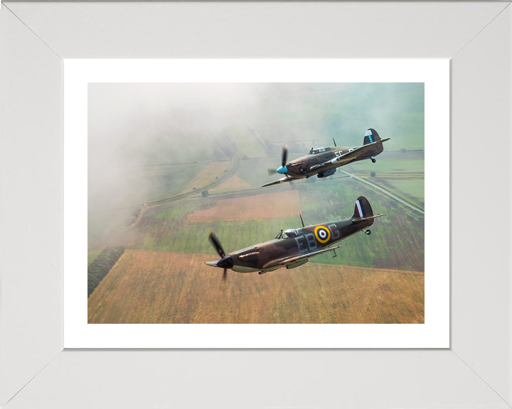 RAF Spitfire and Hurricane in flight Photo Print - Royal Air Force Aircraft Hampshire Prints 10 x 8 White Frame Yes