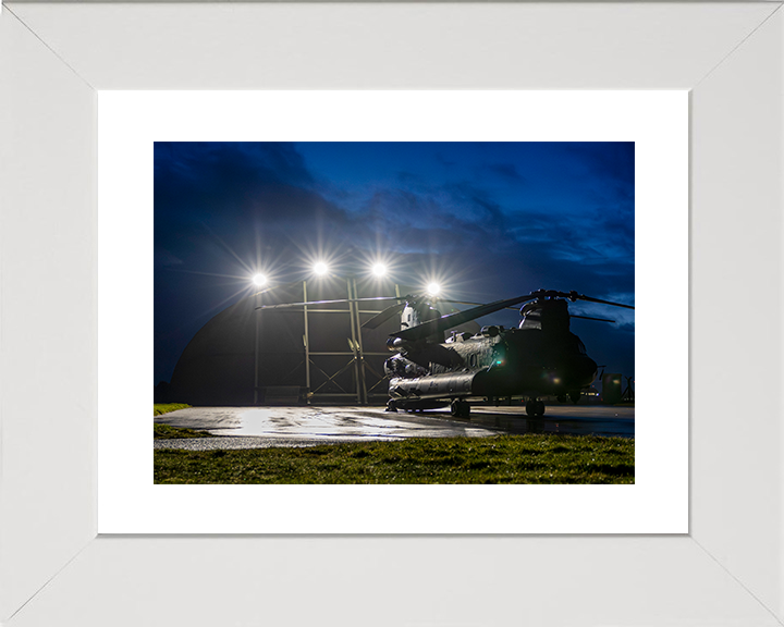 RAF Chinook Helicopter Outside a Hanger at Night Photo Print Royal Air Force Aircraft Wall Art Aviation Decor Posters, Prints, & Visual Artwork Hampshire Prints 10 x 8 White Frame Yes