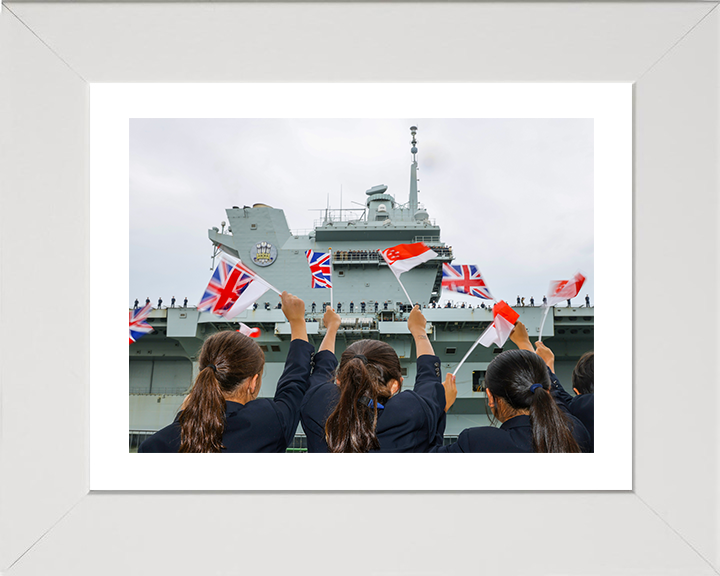HMS Prince of Wales (R09) Photo Print - Singapore Welcome 2025 - Royal Navy Queen Elizabeth Class Aircraft Carrier Hampshire Prints 10 x 8 White Frame Yes