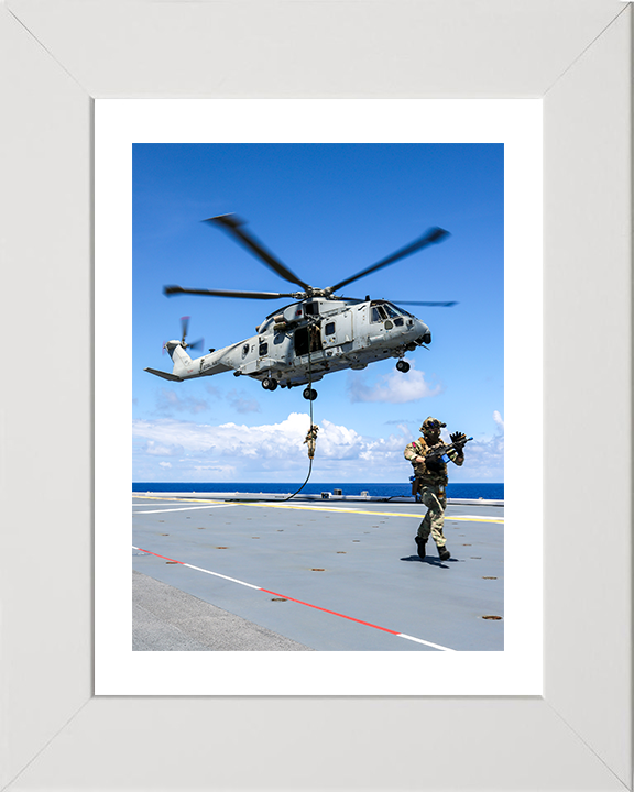 Royal Marine Commando Fast Roping from a Merlin 2025 Photo Print - 42 Commando Hampshire Prints 10 x 8 White Frame Yes