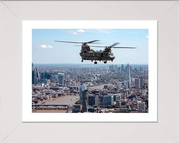 RAF Chinook Helicopter Over The Thames Photo Print - Royal Air Force Aircraft Hampshire Prints 10 x 8 White Frame Yes