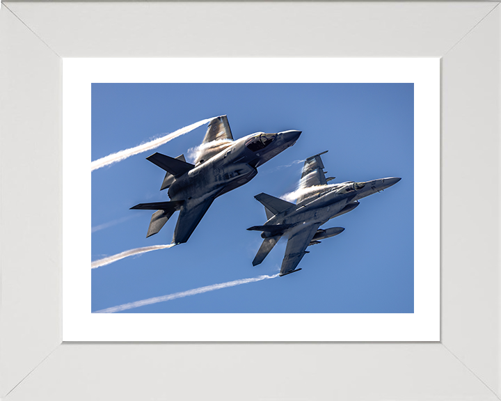 RAF F-35B Lightening with US Navy F/A-18E Photo Print - Royal Air Force Aircraft Hampshire Prints 10 x 8 White Frame Yes