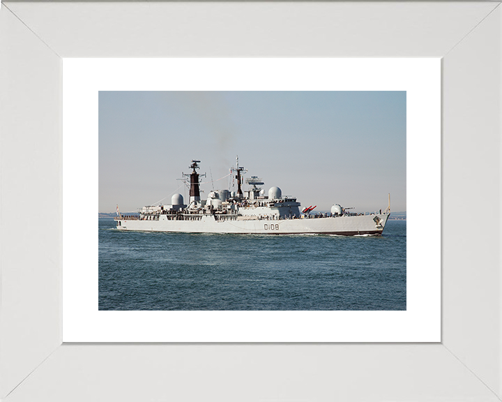HMS Cardiff (D108) Royal Navy Type 42 Destroyer Entering Harbour Paying off Photo Print Wall Art Decor Posters, Prints, & Visual Artwork Hampshire Prints 10 x 8 White Frame Yes