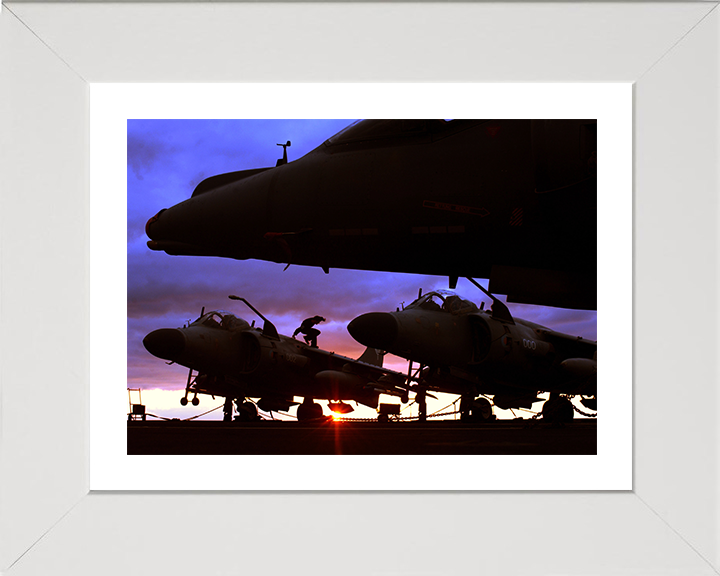 Harrier FA2s and GR7s on a Flightdeck at Sunset Photo Print - Royal Navy Aircraft Posters, Prints, & Visual Artwork Hampshire Prints 10 x 8 White Frame Yes