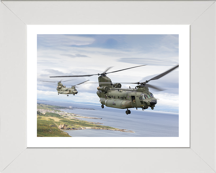 Two RAF Chinook Helicopters in Flight Photo Print - Royal Air Force Aircraft Hampshire Prints 10 x 8 White Frame Yes
