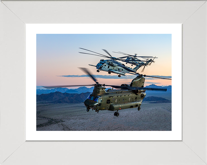 RAF CH-47 Chinook with two USMC ch-53 Sea Stallions Photo Print - Royal Air Force Aircraft Hampshire Prints 10 x 8 White Frame Yes