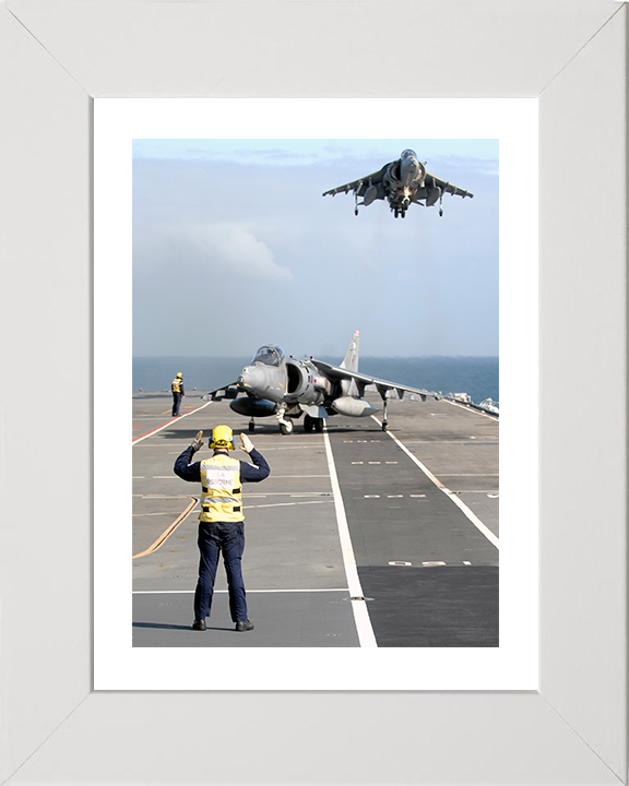 Two Harrier Jets Landing on the Flight deck of HMS Illustrious Photo Print - Royal Navy Aircraft Posters, Prints, & Visual Artwork Hampshire Prints 10 x 8 White Frame Yes