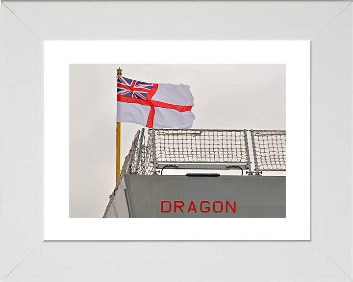 HMS Dragon (D35) Royal Navy Type 45 Destroyer White Ensign Photo Print Wall Art Decor Posters, Prints, & Visual Artwork Hampshire Prints 10 x 8 White Frame Yes