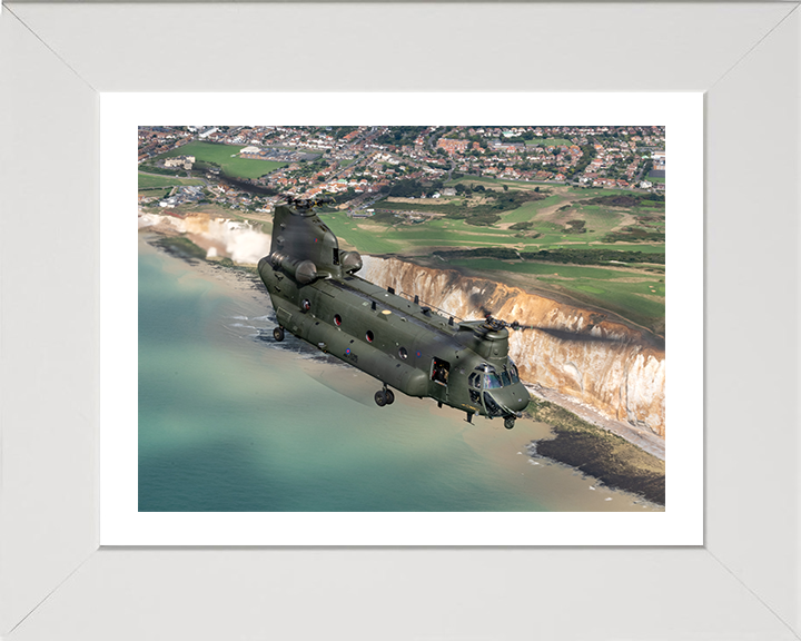 RAF Chinook Helicopter Over the English Coast Photo Print - Royal Air Force Aircraft Hampshire Prints 10 x 8 White Frame Yes
