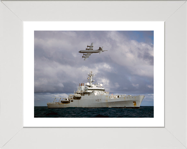 HMS Echo (H87) Photo Print - With AP3C Orion Plane - Royal Navy Echo Class Survey Vessel Hampshire Prints 10 x 8 White Frame Yes
