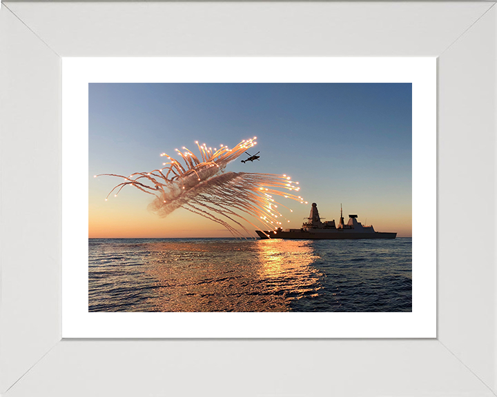 HMS Diamond (D34) Photo Print - With Flares 2018 - Royal Navy Type 45 Destroyer Hampshire Prints 10 x 8 White Frame Yes