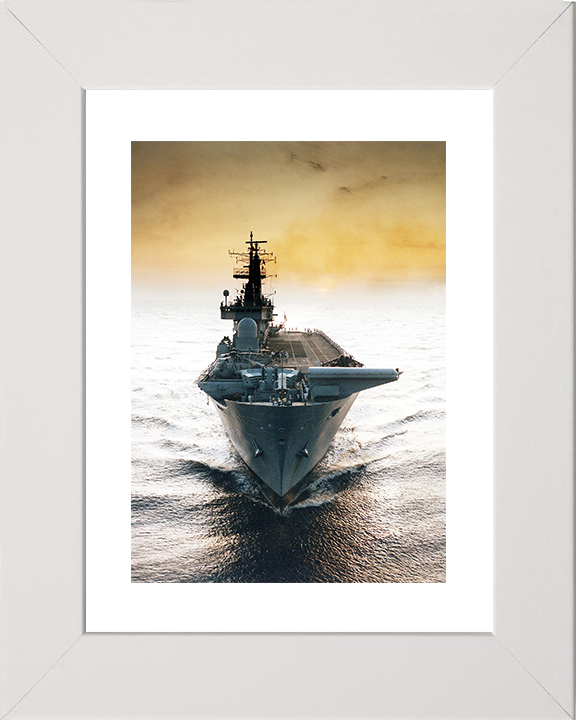 HMS Ark Royal (R07) Royal Navy Invincible Class Aircraft Carrier Bow View at Sunset Photo Print Wall Art Decor Posters, Prints, & Visual Artwork Hampshire Prints 10 x 8 White Frame Yes