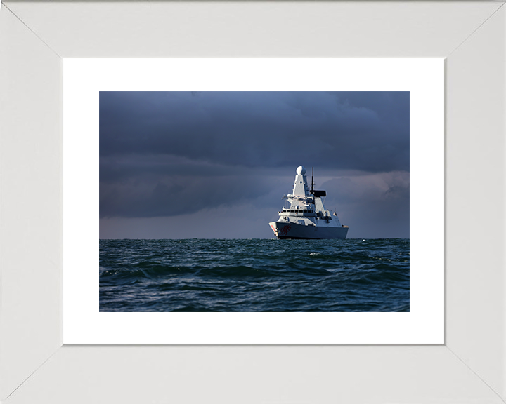 HMS Dragon (D35) Royal Navy Type 45 Destroyer With Stormy Skies Photo Print Wall Art Decor Posters, Prints, & Visual Artwork Hampshire Prints 10 x 8 White Frame Yes