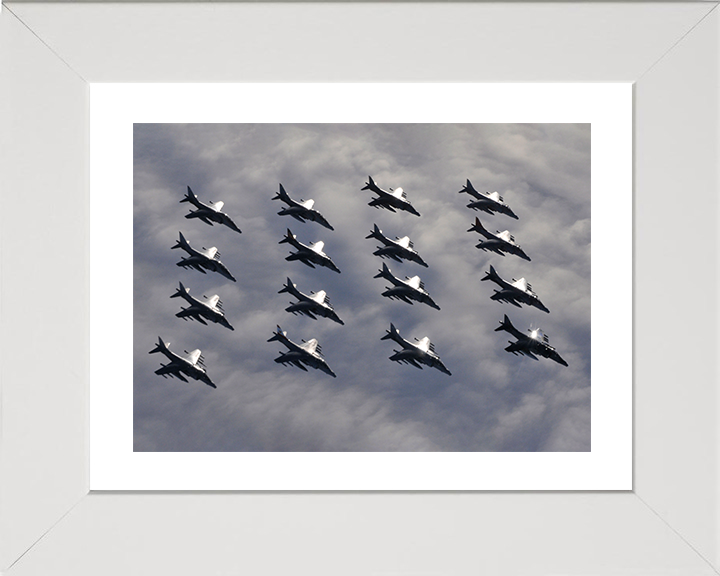 Sixteen RAF Harrier GR7 Jets in formation Photo Print - Royal Air Force Aircraft Posters, Prints, & Visual Artwork Hampshire Prints 10 x 8 White Frame Yes
