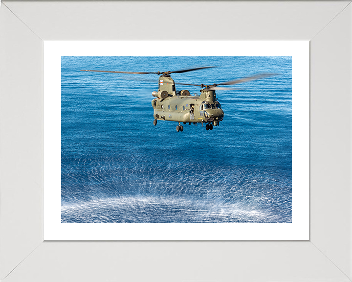 RAF Chinook Helicopter Hovering over sea Photo Print - Royal Air Force Aircraft Hampshire Prints 10 x 8 White Frame Yes