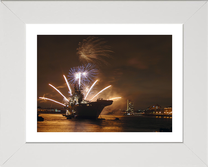 HMS Illustrious (R06) Photo Print - With fireworks 2009 - Royal Navy Invincible Class Aircraft Carrier Hampshire Prints 10 x 8 White Frame Yes