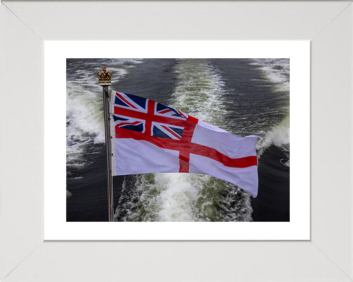 White Ensign and Ships Wake Photo Print - Royal Navy Hampshire Prints 10 x 8 White Frame Yes