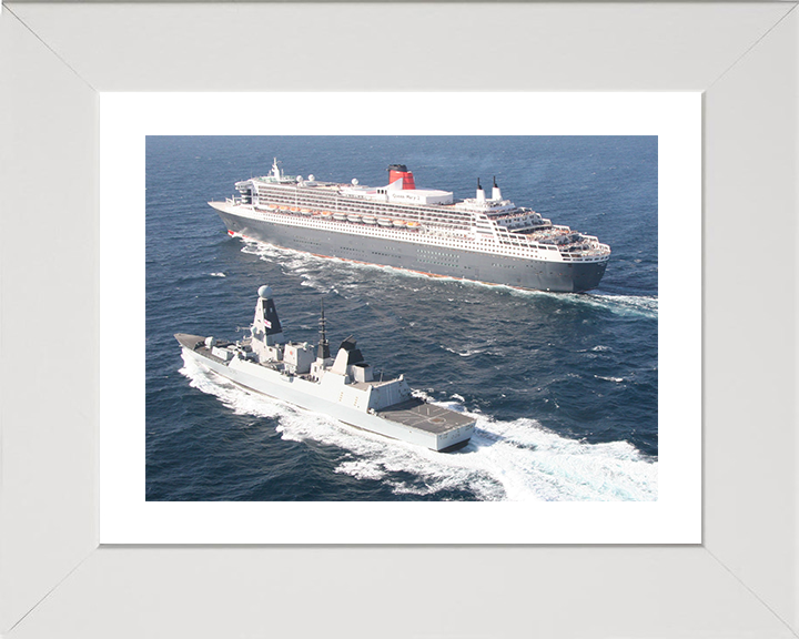 HMS Defender (D36) Photo Print - With Queen Mary 2 - Royal Navy Type 45 Destroyer Hampshire Prints 10 x 8 White Frame Yes