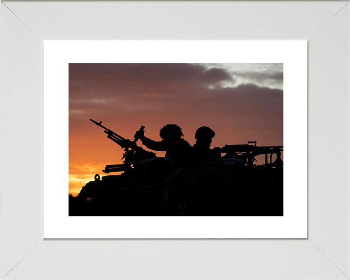 RAF Regiment with a Foxhound Vehicle at Sunset Photo Print Royal Air Force Wall Art Military Decor Posters, Prints, & Visual Artwork Hampshire Prints 10 x 8 White Frame Yes