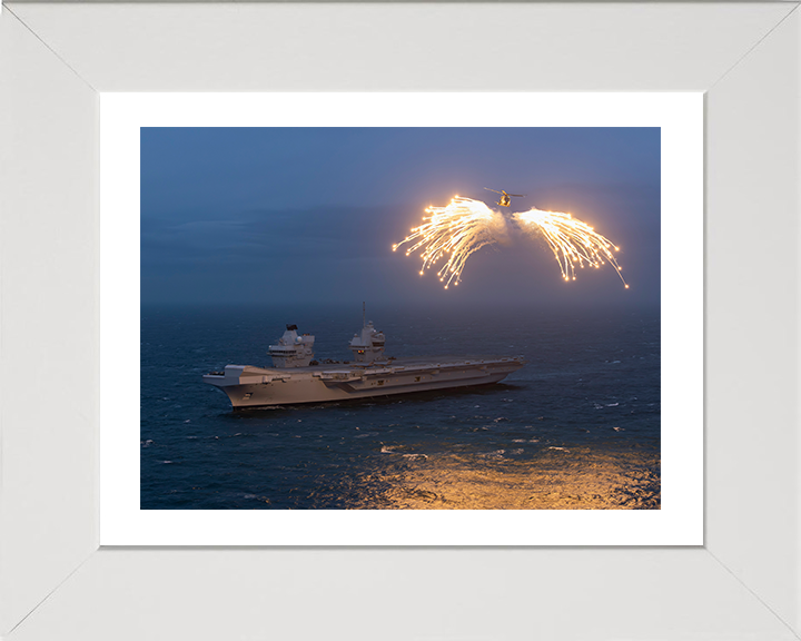 HMS Prince of Wales (R09) Photo Print - With Merlin - Royal Navy Queen Elizabeth Class Aircraft Carrier Hampshire Prints 10 x 8 White Frame Yes