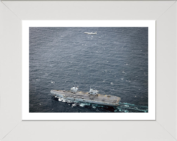 HMS Prince of Wales (R09) Photo Print - With Poseidon - Royal Navy Queen Elizabeth Class Aircraft Carrier Hampshire Prints 10 x 8 White Frame Yes