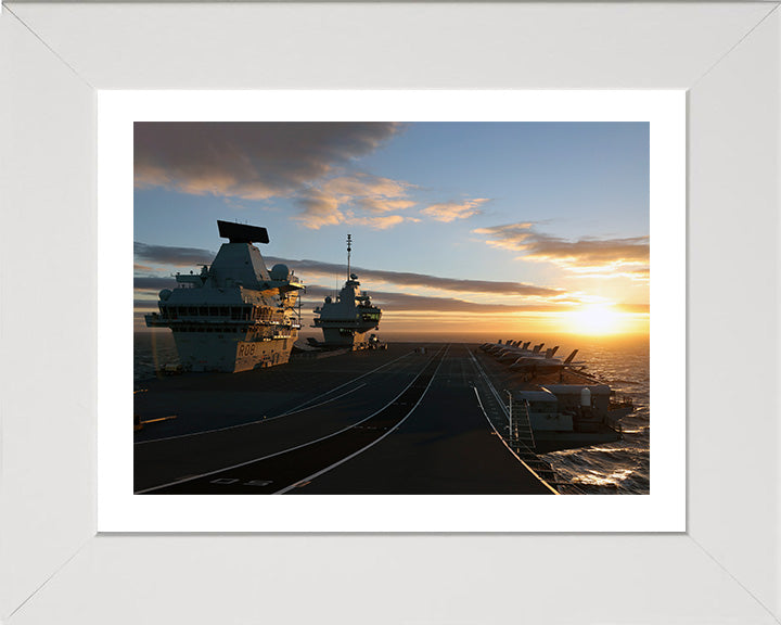 HMS Queen Elizabeth (R08) Photo Print - Flight Deck at Sunset - Royal Navy Queen Elizabeth Class Aircraft Carrier Hampshire Prints 10 x 8 White Frame Yes