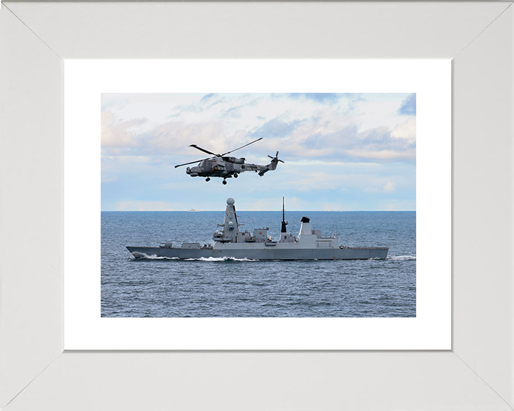 HMS Diamond (D34) Royal Navy Type 45 Destroyer With Wildcat Helicopter Photo Print Wall Art Decor Posters, Prints, & Visual Artwork Hampshire Prints 10 x 8 White Frame Yes