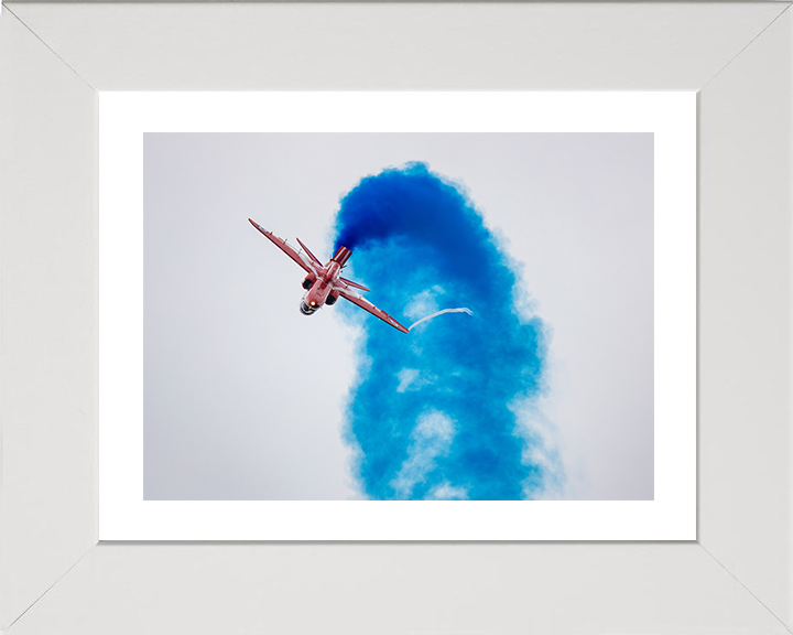 RAF Red Arrows Jet Inverted with Blue Smoke Photo Print - Royal Air Force Aircraft Posters, Prints, & Visual Artwork Hampshire Prints 10 x 8 White Frame Yes