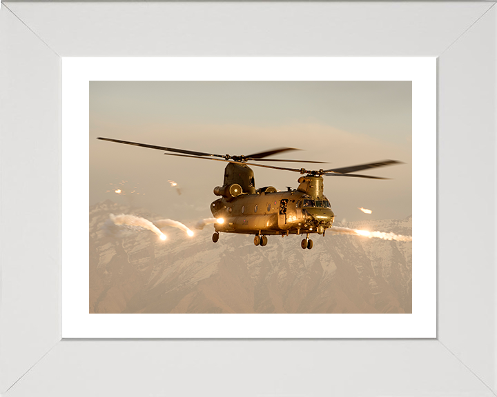 RAF Chinook Helicopter Over Afghanistan Firing Flares Photo Print - Royal Air Force Aircraft Hampshire Prints 10 x 8 White Frame Yes