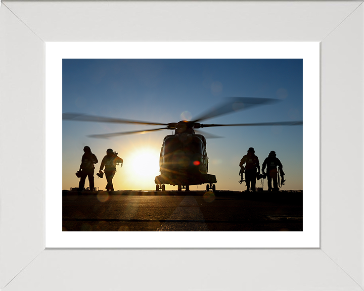 Merlin Helicopter on a Flight Deck at Sunset Photo Print - Royal Navy Aircraft Hampshire Prints 10 x 8 White Frame Yes