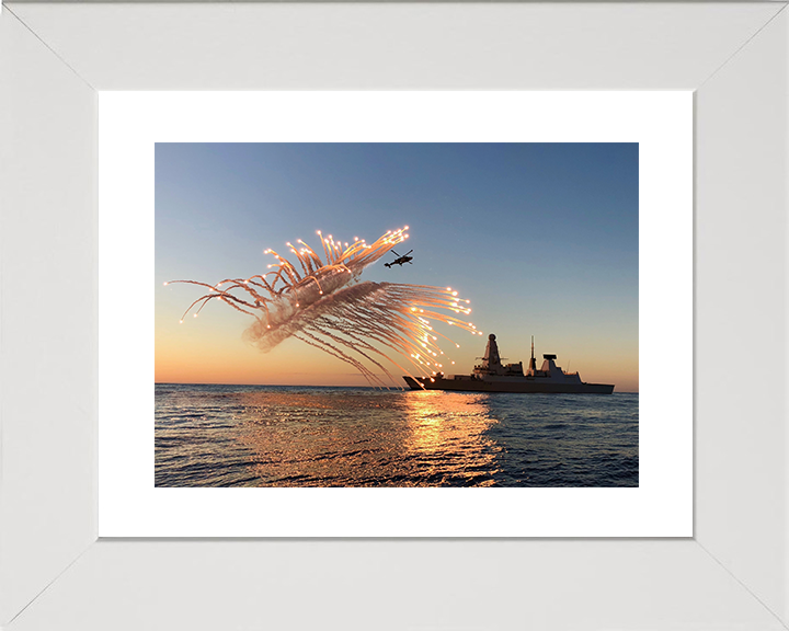 HMS Diamond (D34) Royal Navy Type 45 Destroyer With Flares 2018 Photo Print Wall Art Decor Posters, Prints, & Visual Artwork Hampshire Prints 10 x 8 White Frame Yes