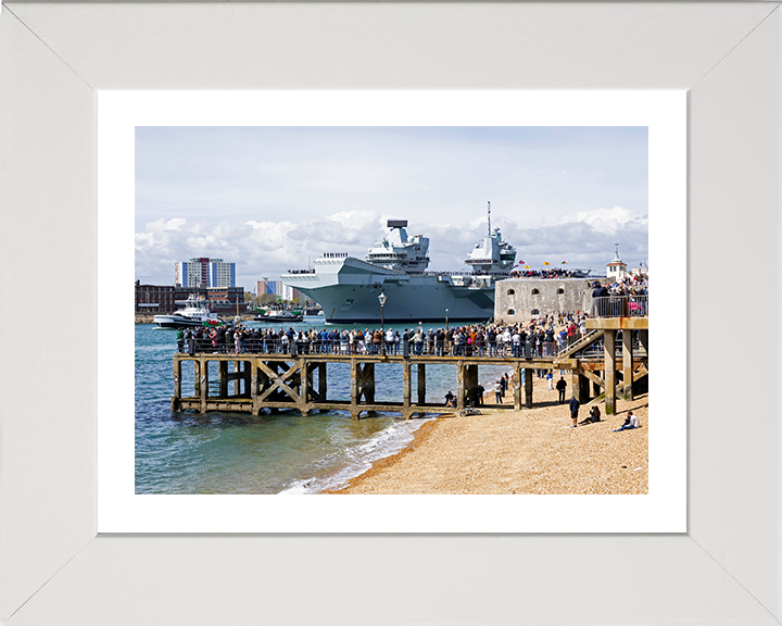 HMS Prince of Wales (R09) Photo Print - Round Tower 2025 - Royal Navy Queen Elizabeth Class Aircraft Carrier Hampshire Prints 10 x 8 White Frame Yes