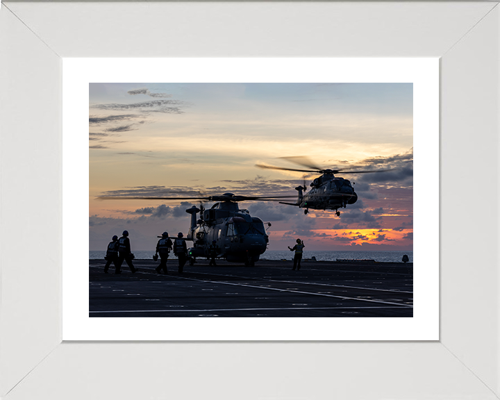 Merlin MK4 Helicopters From a Flight Deck at sunset Photo Print - Royal Navy Aircraft Hampshire Prints 10 x 8 White Frame Yes