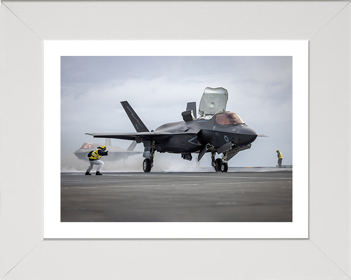 RAF F-35B Lightning jet flight deck Launch Photo Print - Royal Air Force Aircraft Hampshire Prints 10 x 8 White Frame Yes