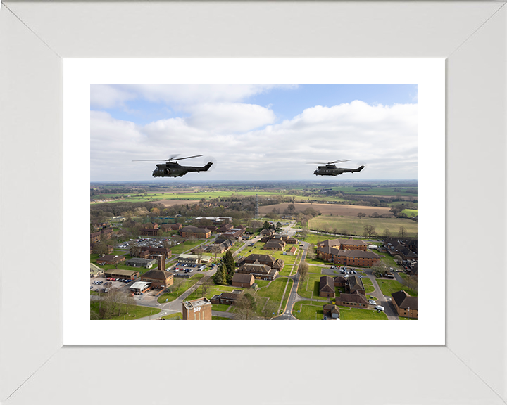 RAF Puma Helicopter in flight over RAF Shawbury Photo Print - Royal Air Force Aircraft Posters, Prints, & Visual Artwork Hampshire Prints 10 x 8 White Frame Yes