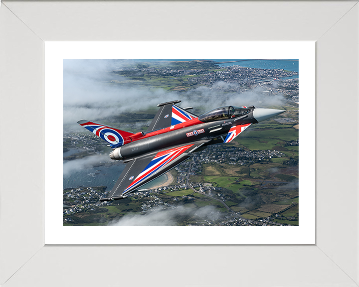 RAF Typhoon Union Jack livery over the Menai Straits Photo Print - Royal Air Force Aircraft Hampshire Prints 10 x 8 White Frame Yes